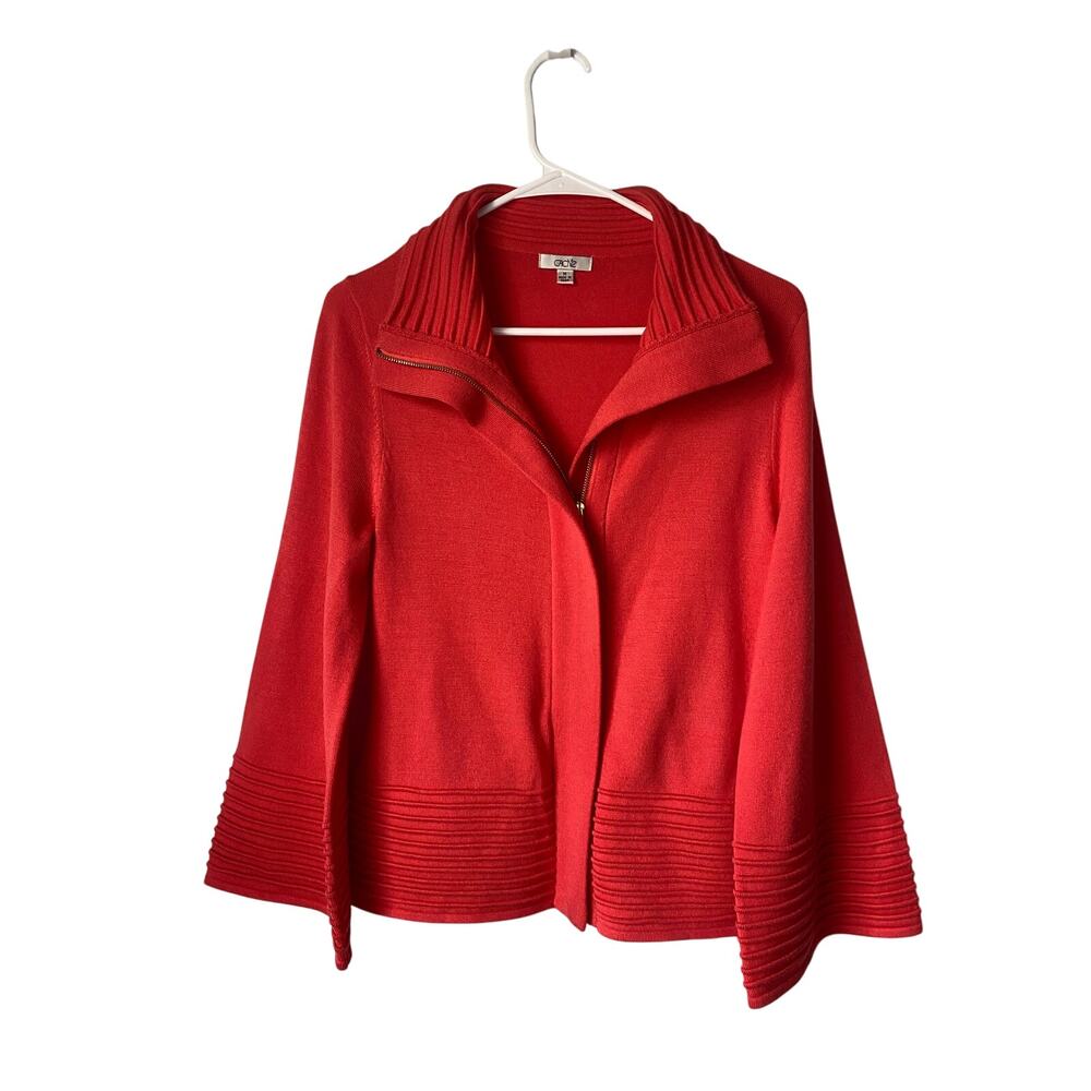 Cache Red Coral Ribbed Jacket M Wool Blend Zip Mod Retro Career Bold Minimalist